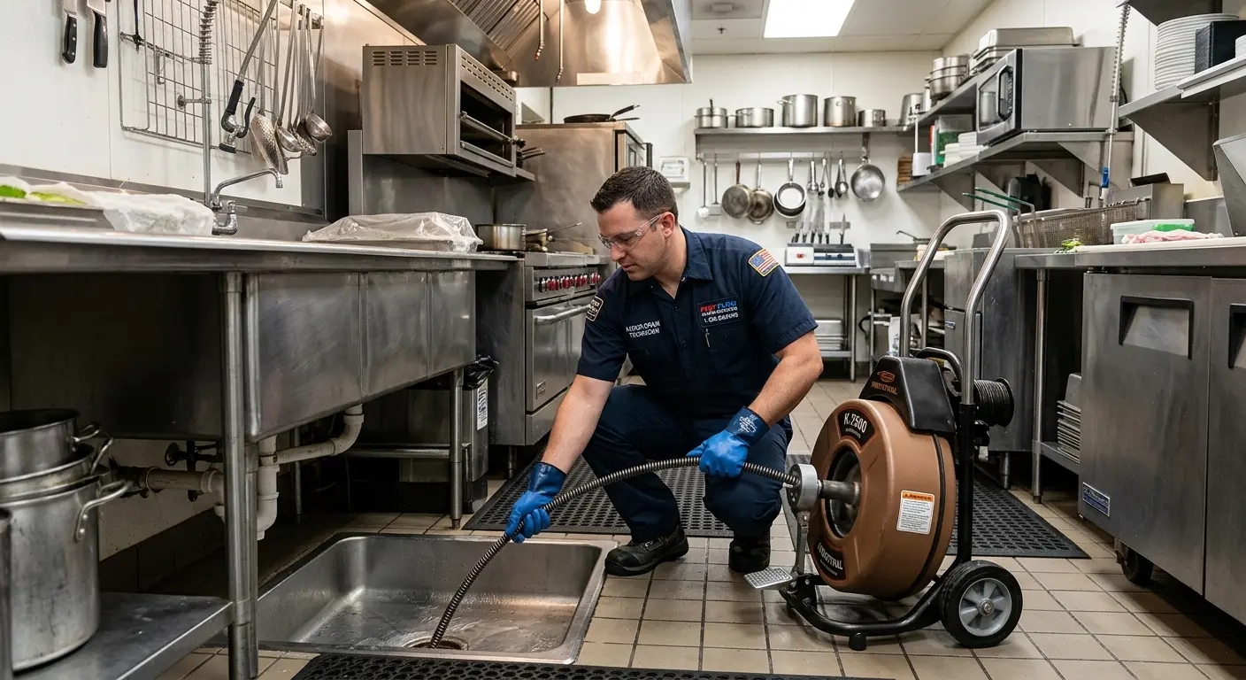 Commercial drain cleaning service in a restaurant kitchen in Pleasant Grove