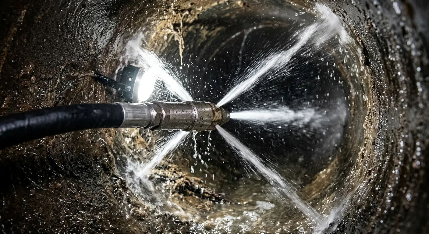 High-pressure hydro jetting nozzle cleaning sewer pipe for Sewer Cleanout in Pleasant Grove