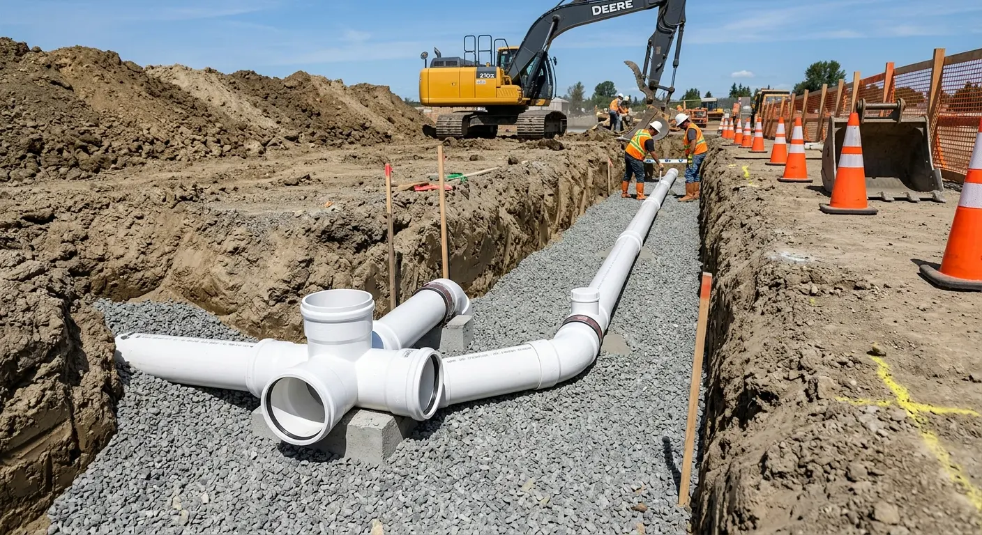 New PVC sewer pipe installation in open trench for Commercial Drain Cleaning in Pleasant Grove