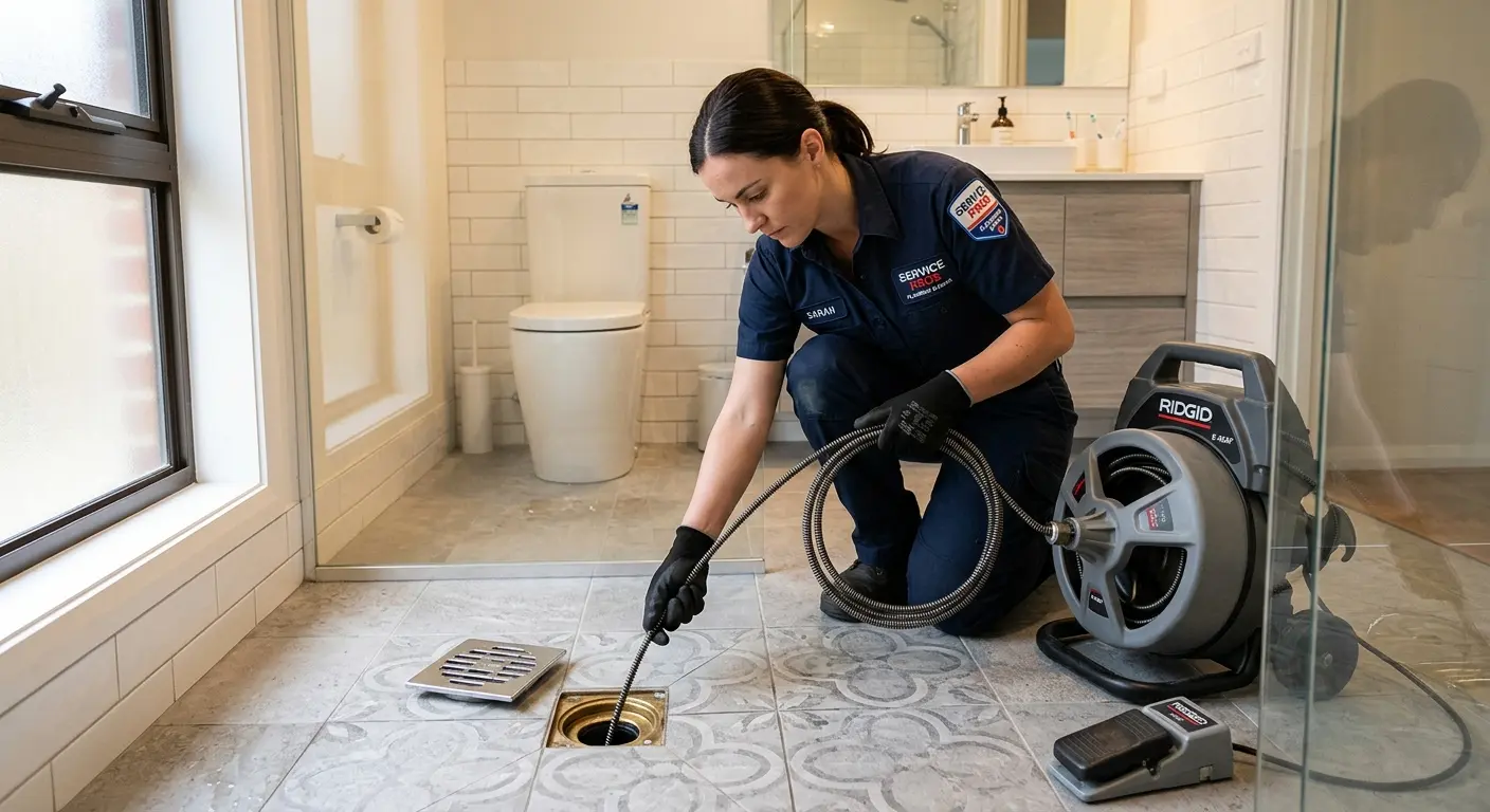 Technician clearing a bathroom floor drain for Clogged Drain Repair in Pleasant Grove